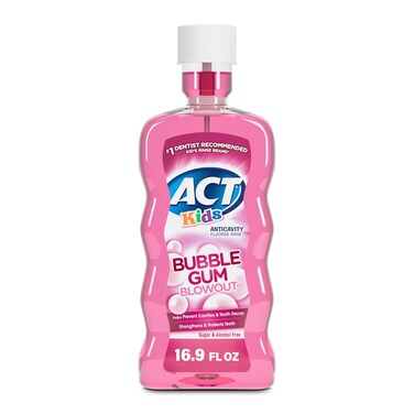 ACT Kids Anticavity Fluoride Mouthwash, Sugar &amp; Alcohol Free Mouth Rinse Strengthens Teeth, Bubble Gum Blowout, 16.9 fl. oz.