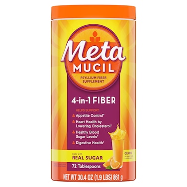 Metamucil Fiber, 4-in-1 Psyllium Fiber Supplement Powder with Real Sugar, Orange Smooth Flavored Drink, 72 Servings (Packaging May Vary), Coarse Texture, 1.9 Pound (Pack of 1)