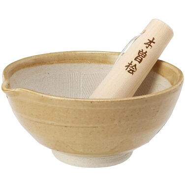 TIKUSAN Ceramic Ripple Ridge Mortar &amp; Pestle (Suribachi &amp; Surikogi) Set with Spout Made in Japan Mino Ware (Medium Brown)
