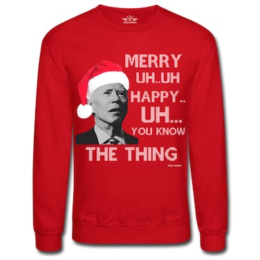 Pesky Patriot Funny Joe Biden Merry UH UH Ugly Christmas Sweater   Hilarious Mumbling Biden Tacky Xmas Pullover Sweatshirt for Men or Women (Large) Red