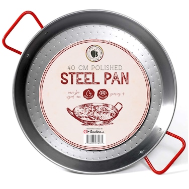 Gourmanity 16 inch Carbon Steel Paella Pan, 40cm Polished Steel Large Skillet From Spain, Great for Paella Parties Indoors, Outdoors, Camping &amp; More, Imported Spanish Paellera, Made by Garcima