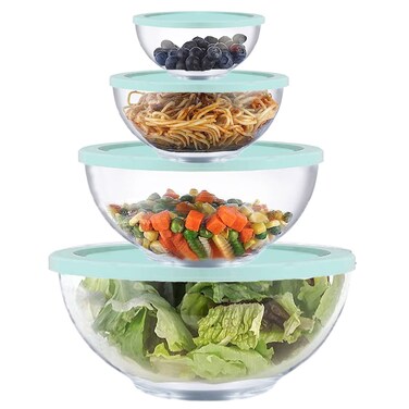 Glass Mixing Bowl Set with Airtight Lids for Kitchen Baking Prepping, Serving, Cooking 0.6QT, 1.1QT, 2.2QT, 4QT Salad Bowl Set with Lids, Dishwasher and Microwavable Safe