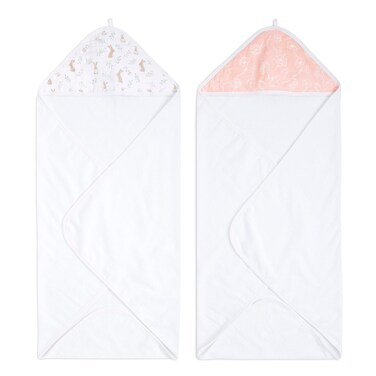 aden + anais Essentials Hooded Baby Bath Towel, Super Soft 100% Cotton, 2 Pack, Blushing Bunnies