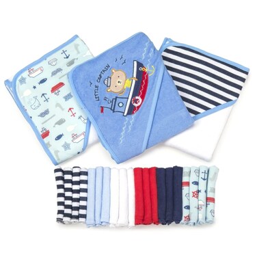 Spasilk Bath Hooded Towels &amp; Washcloths Set for Babies, 23-Piece Gift Set, Navy Nautical, (Gift GBA23 2201)