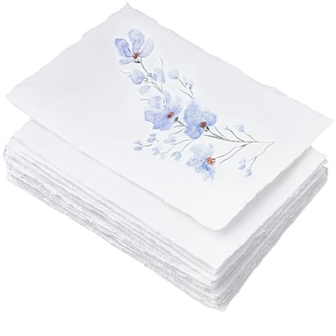 Wanderings A4 Handmade Blank White Deckle Edge Paper - 8.25x11.7&rdquo; - Pack of 50 - Watercolor/Mixed Media Cotton Sheets - Paintings Drawings Letters Stationery - Thick 150 GSM - Large Size