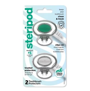 Steripod Clip-on Toothbrush Protector, Green/Silver, 2 Count