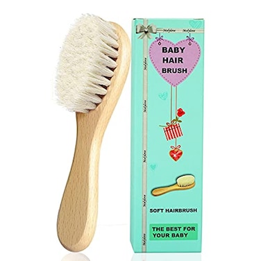 Molylove Baby Hair Brush, Wooden Goat Bristles Hair Brush for Newborns &amp; Toddlers, Ideal for Cradle Cap, Perfect Baby Registry Gift, Hypoallergenic, 1 Count