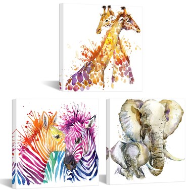 Visual Art Decor Cute Animal Wall Art Zebra Giraffe Elephant Painting Canvas Prints Framed Artwork Nursury Wall Decor Children Room Decor, 12inchx12inchx3 Pieces