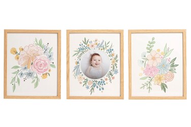 Reece Studio Nursery Wall Art Set Of 3, Floral Baby Picture Frame Set, Modern Nursery D&eacute;cor For Baby Girl, Newborn Baby Photo Frame, Set of 3