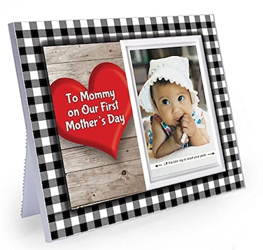 To Mommy on Our First Mother's Day Picture Frame   Holds 3.5&rdquo; x 5&rdquo; Photo   Boy or Girl Nursery Decor   Black &amp; White Buffalo Plaid &ndash; White Trim