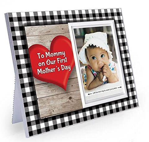 To Mommy on Our First Mother&#39;s Day Picture Frame   Holds 3.5&rdquo; x 5&rdquo; Photo   Boy or Girl Nursery Decor   Black &amp; White Buffalo Plaid &ndash; White Trim
