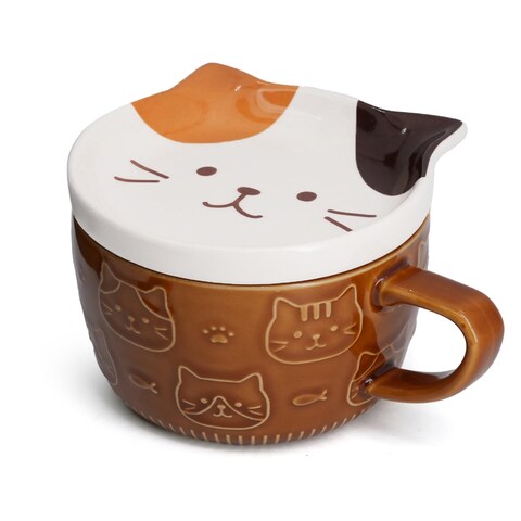 YLOKO Cute Cat Mug with Lid, Ceramic Coffee Mug For Cat Lovers, Kawaii Cat Cup, Novelty Mug Gifts for Kids Women Girls 10oz Calico Cat Mugs