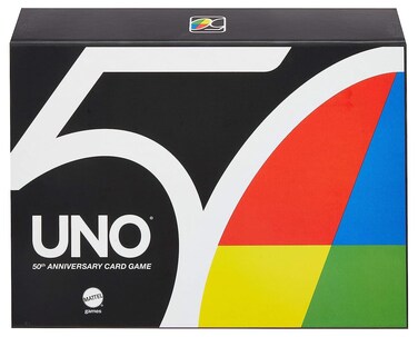 Mattel Games UNO Premium 50th Anniversary Edition Matching Card Game Featuring Commemorative Coin &amp; 112 Cards, Game Night, Kids &amp; Collectors Gift Ages 7 Years &amp; Older.