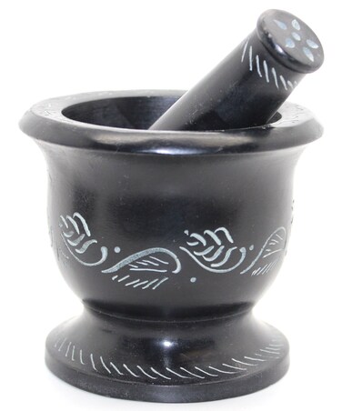 Govinda - Black Soap Stone Mortar and Pestle - Leaf - 4 Inch Dia X 3.5 Inch Tall