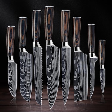 SENKEN 8-piece Premium Japanese Kitchen Knife Set with Laser Damascus Pattern - Imperial Collection - Ultra Sharp for Very Fast Cutting