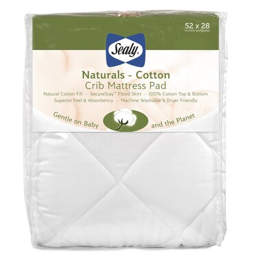 Sealy Baby Naturals Cotton Fitted Waterproof Baby Crib Mattress Protector, Crib Mattress Topper, Crib Mattress Pad, Toddler Bed Mattress Protector, Machine Washable/Dryer Friendly, 52&rdquo; x 28&rdquo;- White