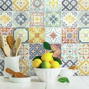 RoomMates TIL4279FLT Spanish Terracotta Peel and Stick Tile, 4 Tiles, 10.5 inches X 10.5 inches Per Tile, Yellow,Orange,Blue