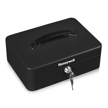 Honeywell Safes &amp; Door Locks - Standard Small Cash Box with Removable Money Tray - Storage Under Tray &amp; 5 Coin Slots - Durable Metal Safe with Key Lock - Saving Money Lock Box - Black, 0.14 CU - 6112