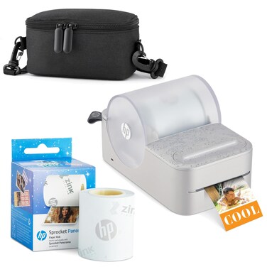 HP Sprocket Panorama Instant Portable Color Label &amp; Photo Printer (Grey) Starter Bundle with case Zink roll