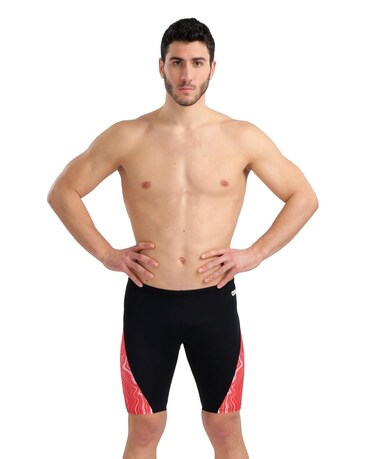 ARENA Men's Standard Performance Marbled Swim Jammer, Black/Red Multi