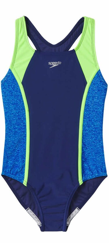 Speedo Girls Racerback Sport Splice One Piece Swimsuit (as1, Alpha, s, Regular, Dark Blue/Neon Green)