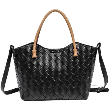 Genuine Leather Tote Bag for Women - Woven Cowhide Handbag, Elegant Crossbody Bag, Versatile with Adjustable Strap (Black)