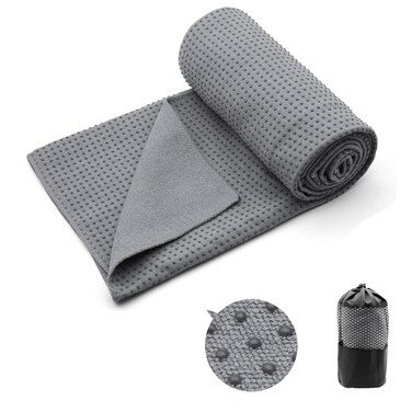 Eunzel Yoga Towel,Hot Yoga Mat Towel with Grip Dots Sweat Absorbent Non-Slip for Hot Yoga, Pilates and Workout 24" x72", Dark Gray