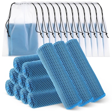 12 Pcs Cooling Towels for Face and Neck 12 x 40 Inch Workout Towels for Gym Fast Drying Hot Weather Gym Towels Sweat Rag Cold Cooling Cloth with 12 Bags for Athletes Sport Yoga Golf (Light Blue)