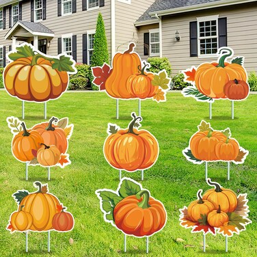 9 Pcs Fall Yard Sign Pumpkin Yard with Stakes, Thanksgiving Pumpkins Lawn Signs Autumn Harvest Garden Signs Outdoor Yard Decorations for Fall Home Patio Lawn Garden Holiday Party Decorations