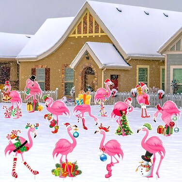 Amyhill 12 Pack Christmas Flamingo Yard Signs with Stakes Pink Flamingo Yard Lawn Decor Tropical Flamingo Sign Large Waterproof Yard Party Supplies for Christmas Sidewalks Photo Props(Christmas)