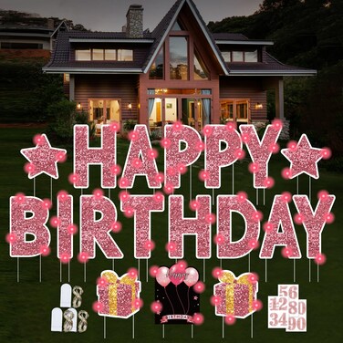 ComboJoy Happy Birthday Yard Sign with Stakes - 18 Pcs Happy Birthday Yard Sign, 3 Pcs LED Lights, Personalized Age Happy Birthday Sign, 16 Inches Waterproof Birthday Yard Lawn Party Decoration (Pink)