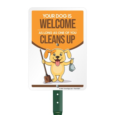 Funny Dog Poop Yard Sign, Dog Welcome As Long As One of You Cleans Up Sign, 40 mil Laminated Rustproof Aluminum, 21.5 inch tall Sign and Stake Kit by SmartSign, Made in USA