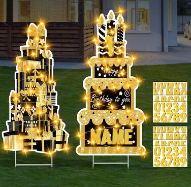 Happy Birthday Yard Sign with Stakes for Birthday Decor LED Lights Black Gold Birthday Lawn Sign 27.6" Large Personalized Signs with Number Letter Stickers for Celebrations Birthday Party Decoration