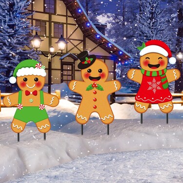 Drydiet 3 Pack Metal Christmas Yard Signs Decor Christmas Yard Stakes Outdoor Metal Xmas Yard Signs with Stakes for Christmas Holiday Outdoor Garden Lawn Pathway Decoration (Gingerbread Man)