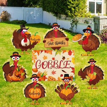 Whaline 8Pcs Thanksgiving Gobble Turkey Yard Signs with 16Pcs Stakes Give Thanks Outdoor Lawn Decorations Signs Waterproof Turkey Pumpkin Decor for Fall Autumn Thanksgiving Turkey Party Supplies