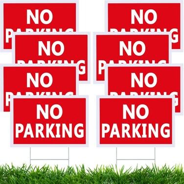 Juexica 8 Pieces No Parking Signs No Parking Yard Sign with Stake Plastic Waterproof Outdoor Signs with Metal H Stake for Driveways Yard Lawn(White Letters on Red Background,8 x 12 Inch)