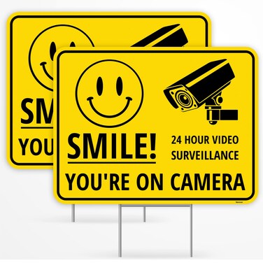 2PC Smile Your On Camera Sign with Stake, 17 Inches by 13 Inches - Corrugated Plastic - Smile Youre On Camera Yard Signs Outdoor Security Surveillance