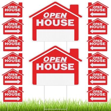 Pinkunn 14 Pcs Open House Signs 18 x 14 Double Sided Real Estate Signs Large Open House Directional Arrows Signs with 14 Pcs Heavy Duty H Stakes for Garden Property Yard Sign Real Estate Agent (Red)