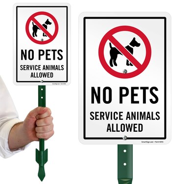 SmartSign 10 x 7 inch &ldquo;No Pets - Service Animals Allowed&rdquo; LawnPuppy Yard Sign and 18 inch Stake Kit, 40 mil Laminated Rustproof Aluminum, Red, Black and White, Set of 1, Made in USA