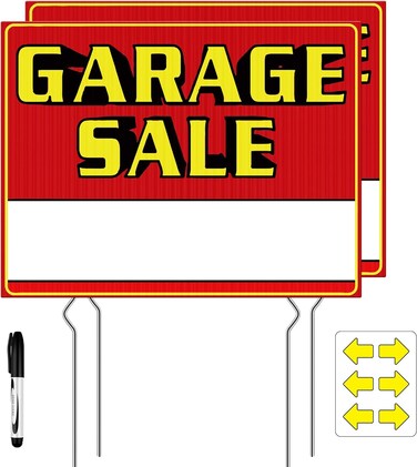 Garage Sale Signs, Double Sided 17" x 13",Garage Sale Signs with Stakes, Garage Sale Sign with Directional Arrows, Waterproof Yard Sign Stakes with Metal Kit 2PCS