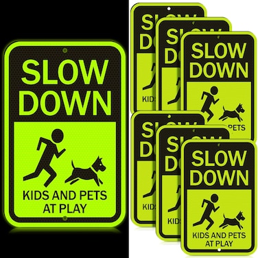 Xuhal 6 Pack Reflective Slow Down Kids and Pets at Play Signs 16 x 11 Inch Waterproof Aluminum Children Playing Safety Warning Sign for Neighborhood Street Children Playing Yard Road Signal(Green)