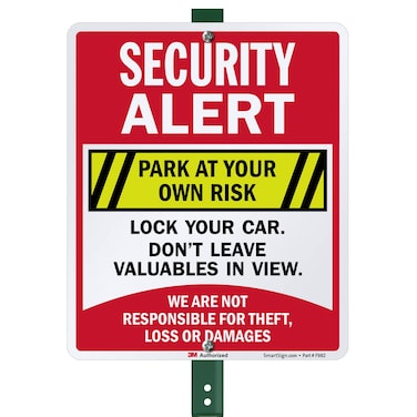SmartSign 12 x 10 inch &ldquo;Security Alert - Park At Your Own Risk, Lock Your Car&rdquo; LawnBoss Yard Sign with 3 foot Stake, 40 mil Aluminum, Laminated Rustproof Aluminum, Multicolor, Set of 1, USA-Made