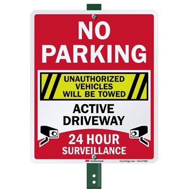 SmartSign 12 x 10 inch &ldquo;No Parking - Unauthorized Vehicles Towed, Active Driveway&rdquo; Yard Sign with 3 foot Stake, 40 mil Aluminum, 3M Laminated Engineer Grade Reflective, Multicolor, Set of 1, USA-Made