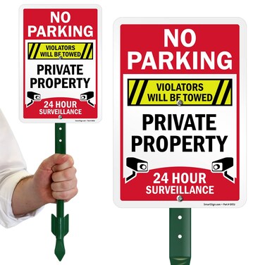 SmartSign 10 x 7 inch 'No Parking Violators Towed, Private Property, 24 Hour Surveillance' LawnPuppy Yard Sign and 18 inch Stake Kit, 40 mil Laminated Rustproof Aluminum, Set of 1, USA-Made