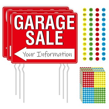 Garage Sale Sign, 3PCS Double Sided Yard Sale Signs with 6 Metal Stakes &amp; 960 Sale Price Labels, Large Font, Fluorescent Neon Color, All-Weather Plastic Sign with Arrow for Garage Sale, Outdoor Estate