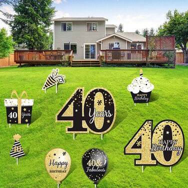 Happy 40th Birthday Decorations for Men Outdoor 40th Birthday Yard Signs with Stakes Black and Gold 40 Birthday Party Yard Sign Lawn Decor Set of 8