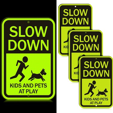 Xuhal 3 Pack Reflective Slow Down Kids and Pets at Play Signs Children Playing Safety Signs for Neighborhoods 16x11in Rustproof Aluminum Kids at Play Sign for Driveway or Yard Indoor Outdoor (Green)