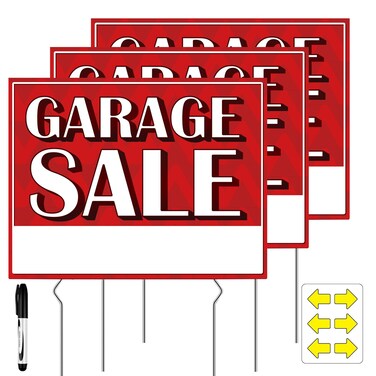 Garage Sale Signs, Double Sided 17" x 13",Garage Sale Signs with Stakes, Garage Sale Sign with Directional Arrows, Waterproof Yard Sign Stakes with Metal Kit 3PCS
