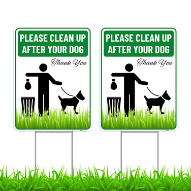2PC Clean Up After Your Dog Sign with Stakes, 9 Inches by 12 Inches - Corrugated Plastic - Please Pick Up Your Dog Poop Yard Grass Lawn Sign