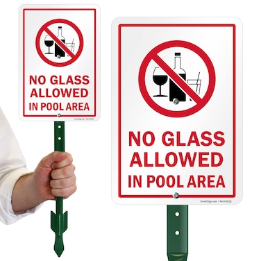SmartSign 10 x 7 inch &ldquo;No Glass Allowed In Pool Area&rdquo; LawnPuppy Yard Sign with 18 inch Stake, 40 mil Laminated Rustproof Aluminum, Multicolor, Set of 1, Made in USA